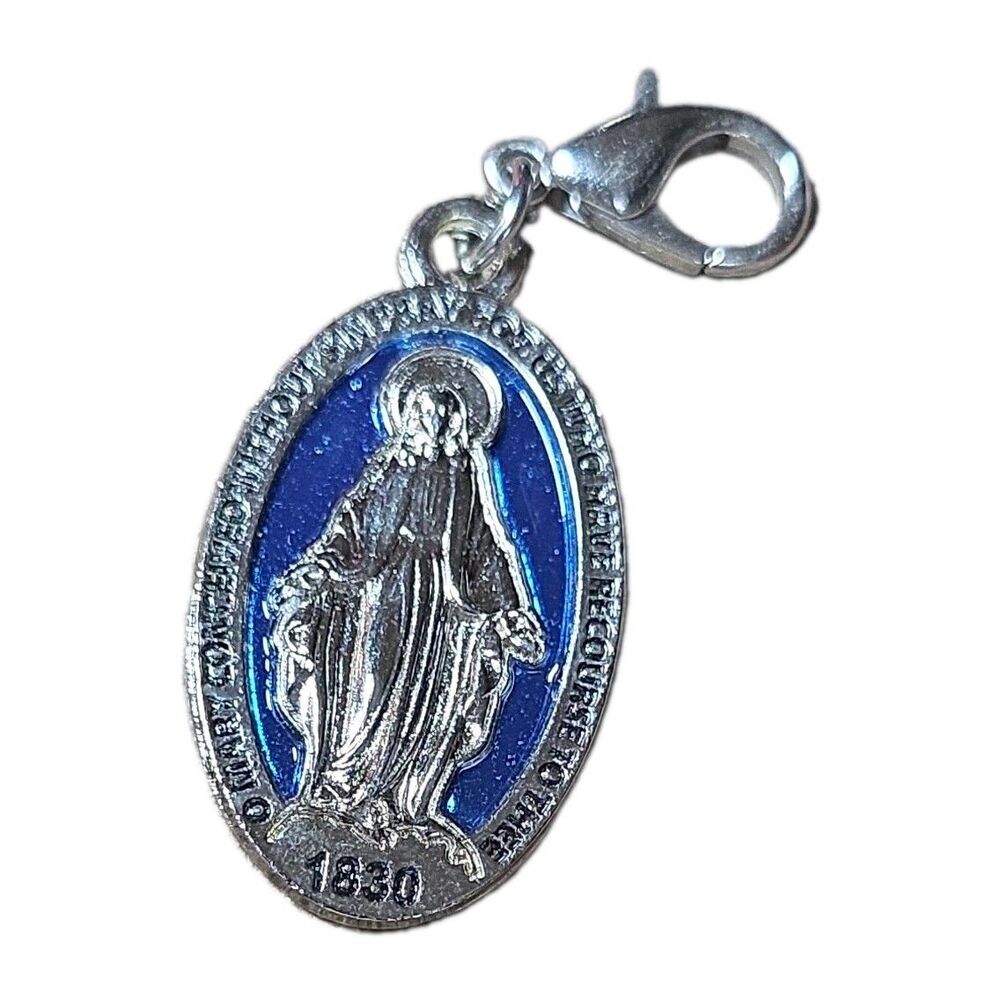 Catholic Miraculous Medal – Blue Enamel & Silver Tone Pendant
